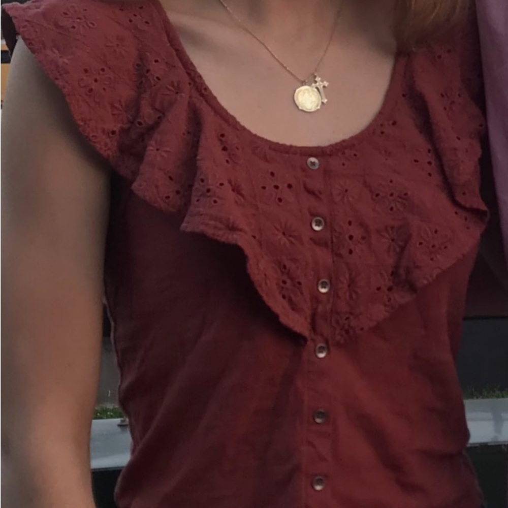 AEO Terracotta Copper Rust Embroidered Eyelet Lace Ruffle Crop Blouse Tank Top - Picture 5 of 10
